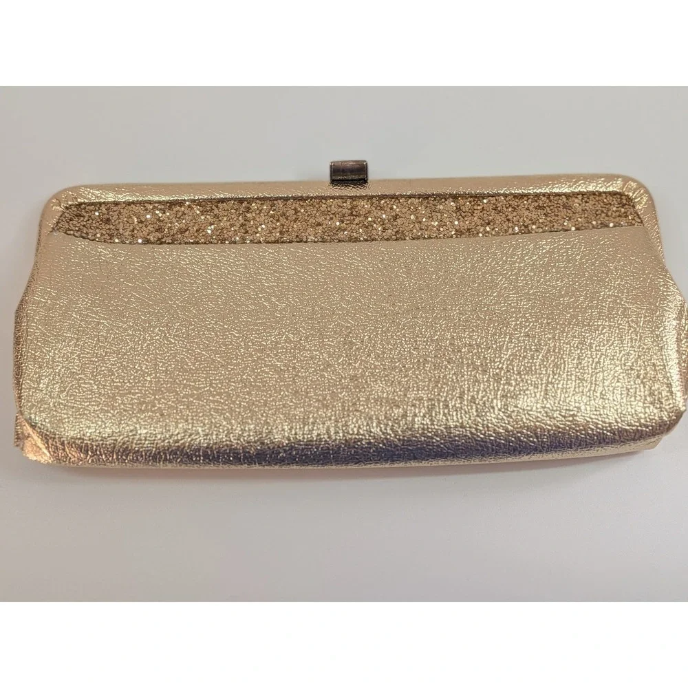 Vintage Gold Metallic Glitter Evening Clutch Bag with Chain Strap Kiss Lock